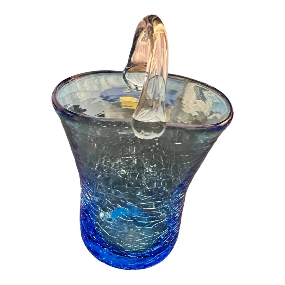 Art Glass Blue Crackled Glass Basket Vase Flower Pot With Handle Hand Blown 3.5" - Picture 2 of 10